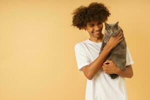 contento uomo prende cura di il suo grigio gatto foto