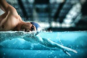 sportivo uomo atleta nuotate con energia durante un' concorrenza nel il piscina foto