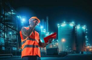 lavoratore con walkman e tavoletta lavori nel un' energia generazione stazione foto