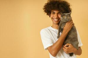 contento uomo prende cura di il suo grigio gatto foto