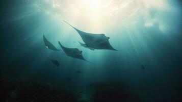 scuola di manta raggi nuoto nel il chiaro blu oceano acqua foto