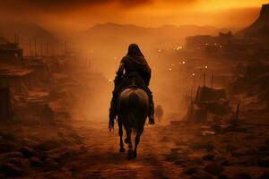 ai generativo soldato su cavallo nel battaglia terra con nascosto viso , Ashura giorno concetto foto