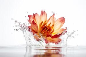 fiore nel spruzzi acqua. floreale freschezza concetto con acqua gocce per cosmetici, umidità e automedicazione confezione. generato ai. foto