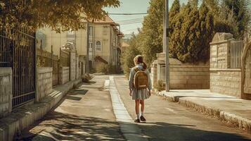 allievo a piedi casa o per scuola con zaino. generato ai. foto