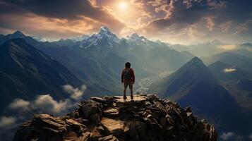 ai generativo un' incappucciato guerriero uomo sta in cima un' aspro montagna picco foto