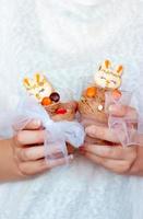 mani di donna che tengono un bicchiere di plastica trasparente con mousse al cioccolato, decorato con biscotto a forma di coniglio