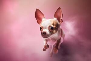 carino chihuahua cucciolo salto nel il rosa camera. minuscolo cane Soaring nel leggero rosa interno. generato ai. foto