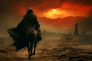 ai generativo soldato su cavallo nel battaglia terra con nascosto viso , Ashura giorno concetto foto