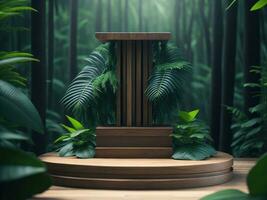 3d rendere di legno podio modello nel tropicale foresta per Prodotto presentazione e verde background.generative ai foto