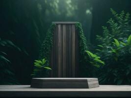 3d rendere di legno podio modello nel tropicale foresta per Prodotto presentazione e verde background.generative ai foto