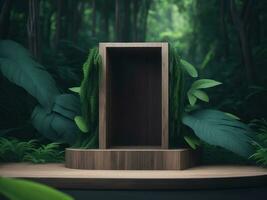 3d rendere di legno podio modello nel tropicale foresta per Prodotto presentazione e verde background.generative ai foto