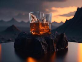 vuoto whisky bicchiere con un' piccolo il giro ghiaccio cubo nel il bicchiere podio modello nel lava ruscello per Prodotto presentazione e lava montagna terra background.generative ai foto