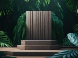 3d rendere di legno podio modello nel tropicale foresta per Prodotto presentazione e verde background.generative ai foto