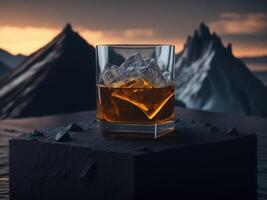 vuoto whisky bicchiere con un' piccolo il giro ghiaccio cubo nel il bicchiere podio modello nel lava ruscello per Prodotto presentazione e lava montagna terra background.generative ai foto