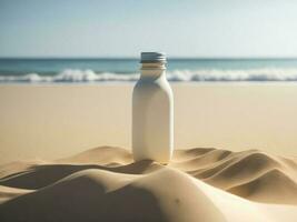 vuoto vuoto bevanda bottiglia modello nel sabbia spiaggia per Prodotto presentazione e spiaggia background.generative ai foto