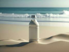 vuoto vuoto bevanda bottiglia modello nel sabbia spiaggia per Prodotto presentazione e spiaggia background.generative ai foto