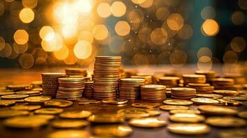i soldi concetto sfondo con pile di d'oro monete. finanza astratto con giallo monete. generato ai. foto