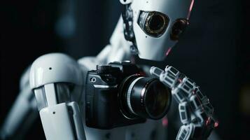 robot, artificiale intelligenza, prende immagini con un' telecamera, il concetto di fotografo giorno. ai generato. foto