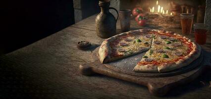 Pizza capricciosa, affettato, buio sfondo. tradizionale italiano cucina. ai generato. foto