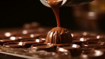 cioccolato giorno, un' Jet di liquido cioccolato è versato al di sopra di vario caramelle. ai generato. foto