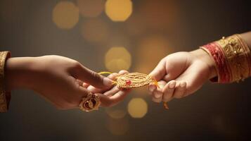 indiano Raksha bandhan Festival, famiglia tradizionale vacanza. decorazioni con fiori. ai generato. foto