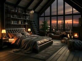 nero Camera da letto nel soffitta industriale stile 3d, mockup design 3d, alta qualità modelli, generativo ai foto