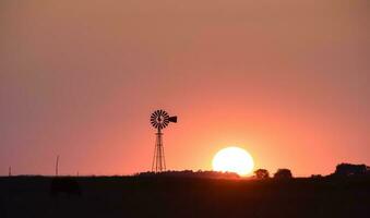 mulino a vento nel campagna a tramonto, pampa, Patagonia, Argentina. foto