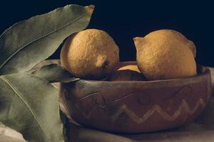 biologico limoni, raccolto a partire dal il giardino, preparato su il tavolo. foto