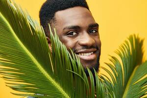 uomo tropicale giallo africano contento albero palma elegante umore americano nero moda divertimento foto