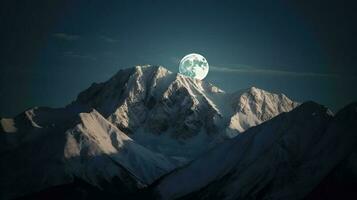 cime di snow-capped montagne contro sfondo di stellato cielo, Luna. ai generato. foto