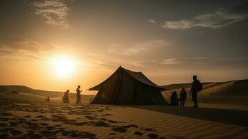 i viaggiatori nel il deserto contro il fondale di dune, tende e tramonto. ai generato. foto