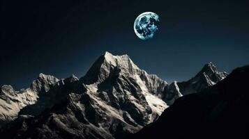 cime di snow-capped montagne contro sfondo di stellato cielo, Luna. ai generato. foto