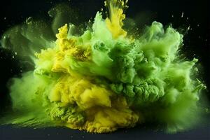 colorato polvere esplosione su un' nero sfondo, holi Festival concetto ai generato foto