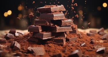 pezzi di cioccolato e cacao polvere spruzzi su un' nero sfondo. internazionale cioccolato giorno celebrazione ai generato foto