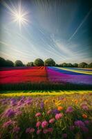 un' campo pieno di colorato fiori sotto un' blu cielo. ai generato foto