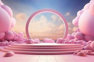 rosa podio e nuvole nel il blu cielo, 3d interpretazione ai generato foto