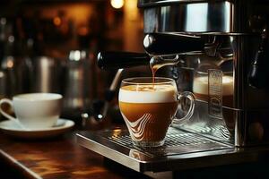 caffè macchina fabbricazione un' caldo bevanda nel bar bar a il mattina ai generato foto