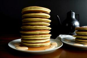 un' pila di Pancakes seduta su superiore di un' bianca piatto. ai generato foto