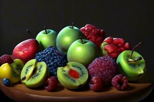 un' pittura di un' mazzo di frutta su un' tavolo. ai generato foto