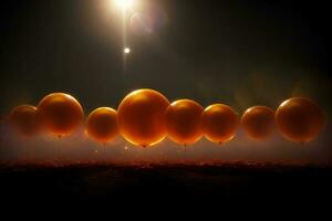 un' riga di arancia palloncini seduta su superiore di un' campo. ai generato foto
