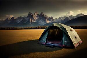 un' tenda nel un' campo con montagne nel il sfondo. ai generato foto