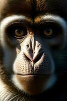 un' vicino su di un' scimmie viso con un' sfocato sfondo. ai generato foto
