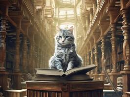 surrealista immagine di un' professoressa gatto nel un' biblioteca, folle dettaglio ai generativo foto