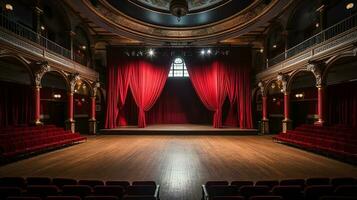 Teatro palcoscenico, con rosso tenda, di legno pavimento, sedie e illuminazione ai generativo foto