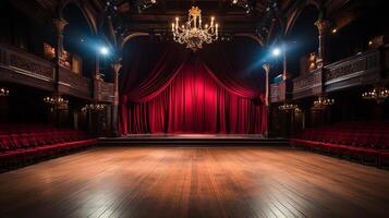 Teatro palcoscenico, con rosso tenda, di legno pavimento, sedie e illuminazione ai generativo foto