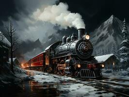 un' treno nel il neve con buio sfondo, folle dettaglio fatto di ai generativo foto