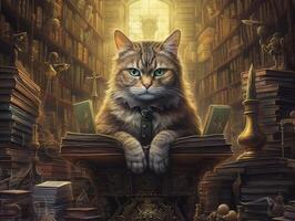 surrealista immagine di un' professoressa gatto nel un' biblioteca, folle dettaglio ai generativo foto