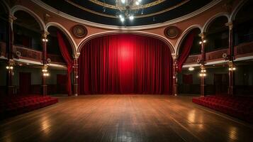 Teatro palcoscenico, con rosso tenda, di legno pavimento, sedie e illuminazione ai generativo foto