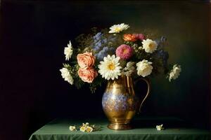 un' pittura di fiori nel un' vaso su un' tavolo. ai generato foto