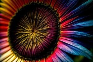 un' vicino su di un' colorato fiore con un' nero sfondo. ai generato foto